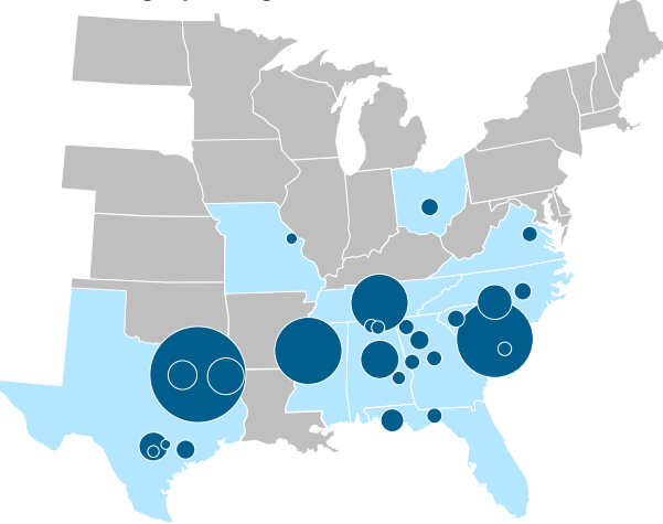 map of U.S., showing assets concentrated in the former Conferderate states, with outliers in Ohio and Missouri