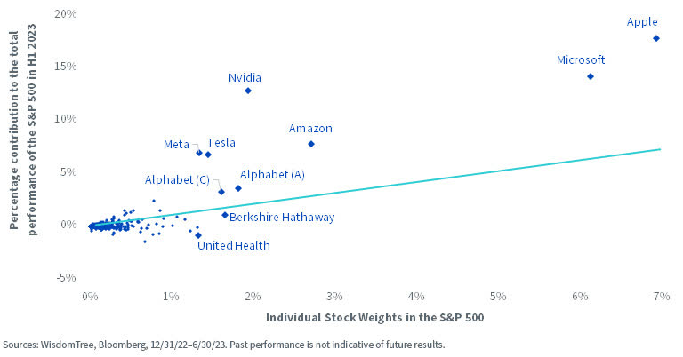 Weights and Contribution to H1 2023 Performance of Individual Stocks in the S&P 500