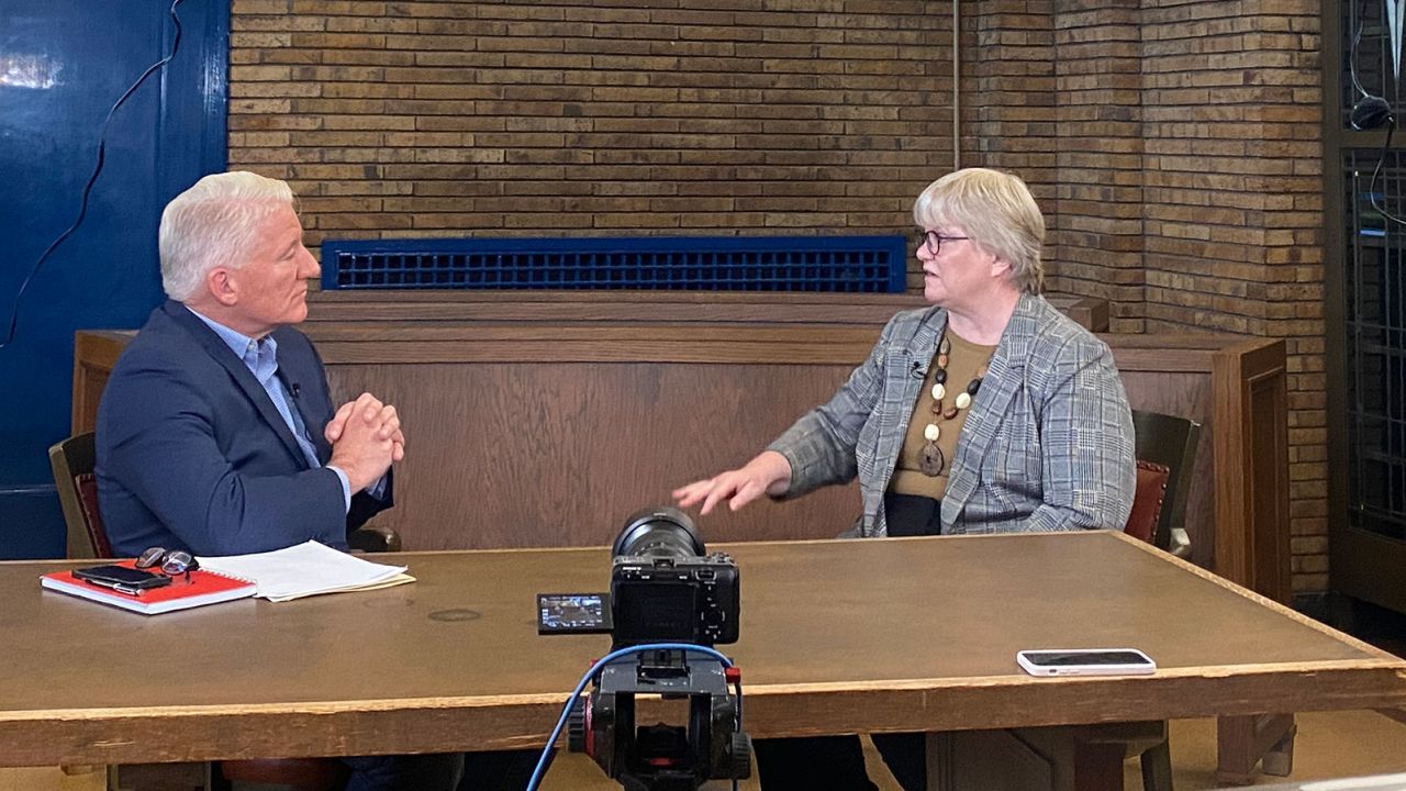 King interviews Priscilla Forsyth at the Woodbury County Courthouse.