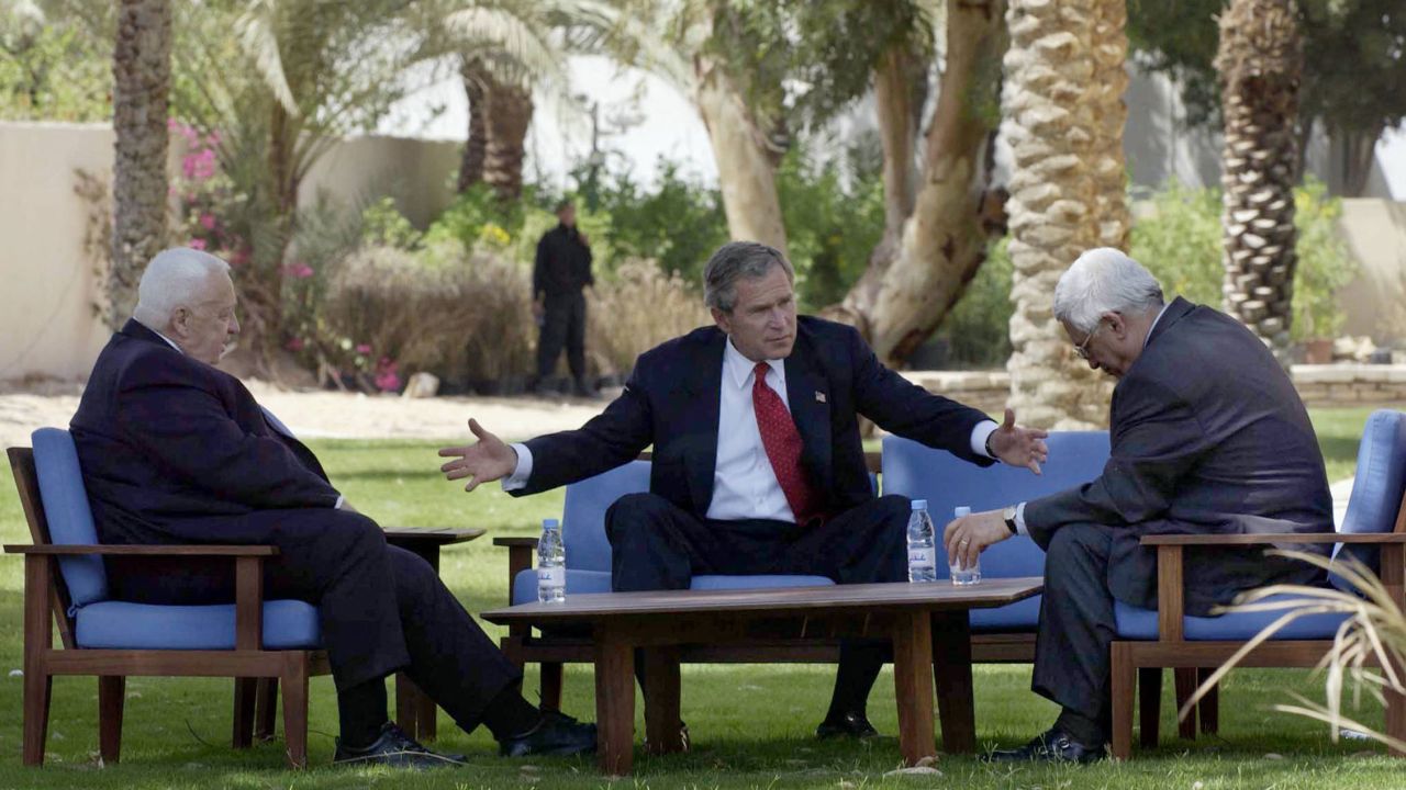 W. Bush, Israeli Prime Minister Ariel Sharon, and Palestinian leader Mahmoud Abbas met in 2003, in the Jordanian Red Sea resort of Aqaba.