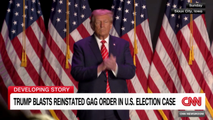 Judge reinstates gag order on Trump in election subversion case; Trump campaigns in Iowa