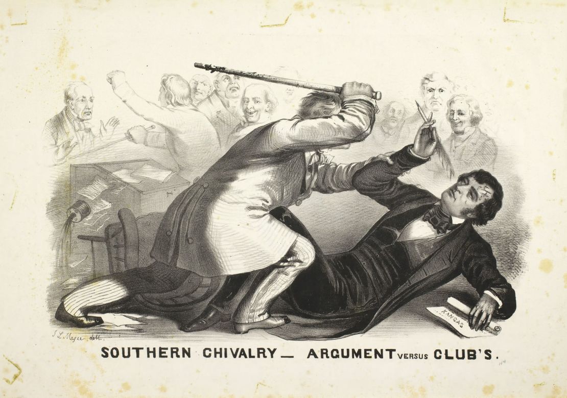 This cartoon by John L. Magee depicts Rep. Preston S. Brooks caning antislavery Sen. Charles Sumner in the Senate on May 26, 1856.