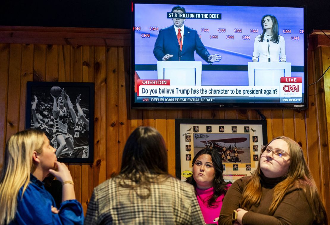 Five days until the Iowa Caucus, supporters of Nikki Haley and students gather at Buzzard Billy's to watch the Republican presidential debate between Haley and Ron DeSantis on a snowy and cold evening in Des Moines on Wednesday January 10, 2024.
