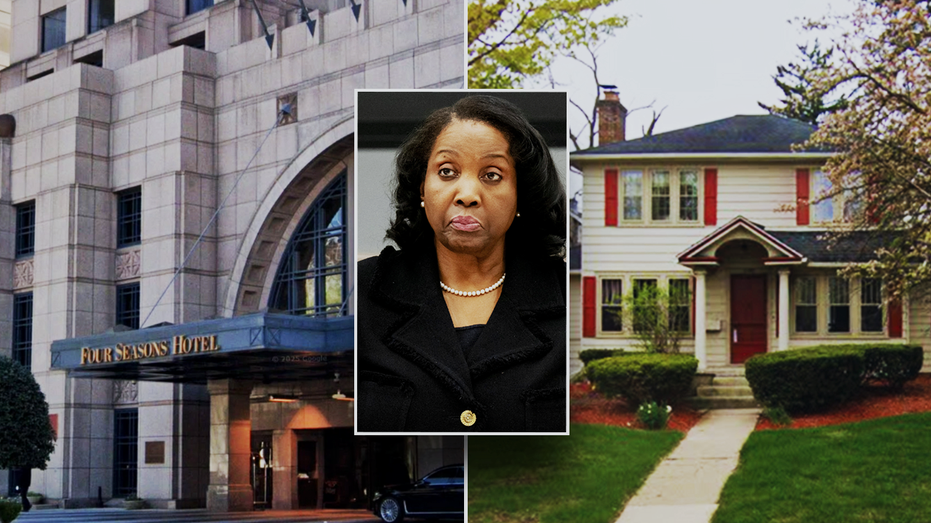 A photo collage showing a Google Map view of the Four Seasons hotel and condominiums in Atlanta, Georgia and of a home in Ann Arbor, Michigan, both tied to Federal Reserve governor Lisa Cook.